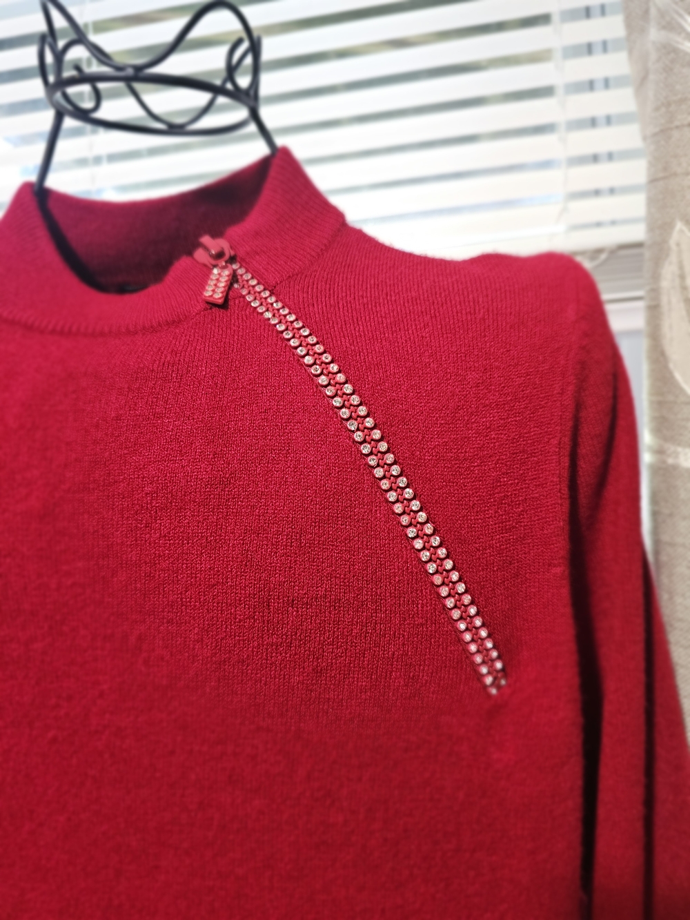 Women’s Ruby Red Mock Neck Sweater Top with Decorative Diagonal Zip - Picture 4 of 5